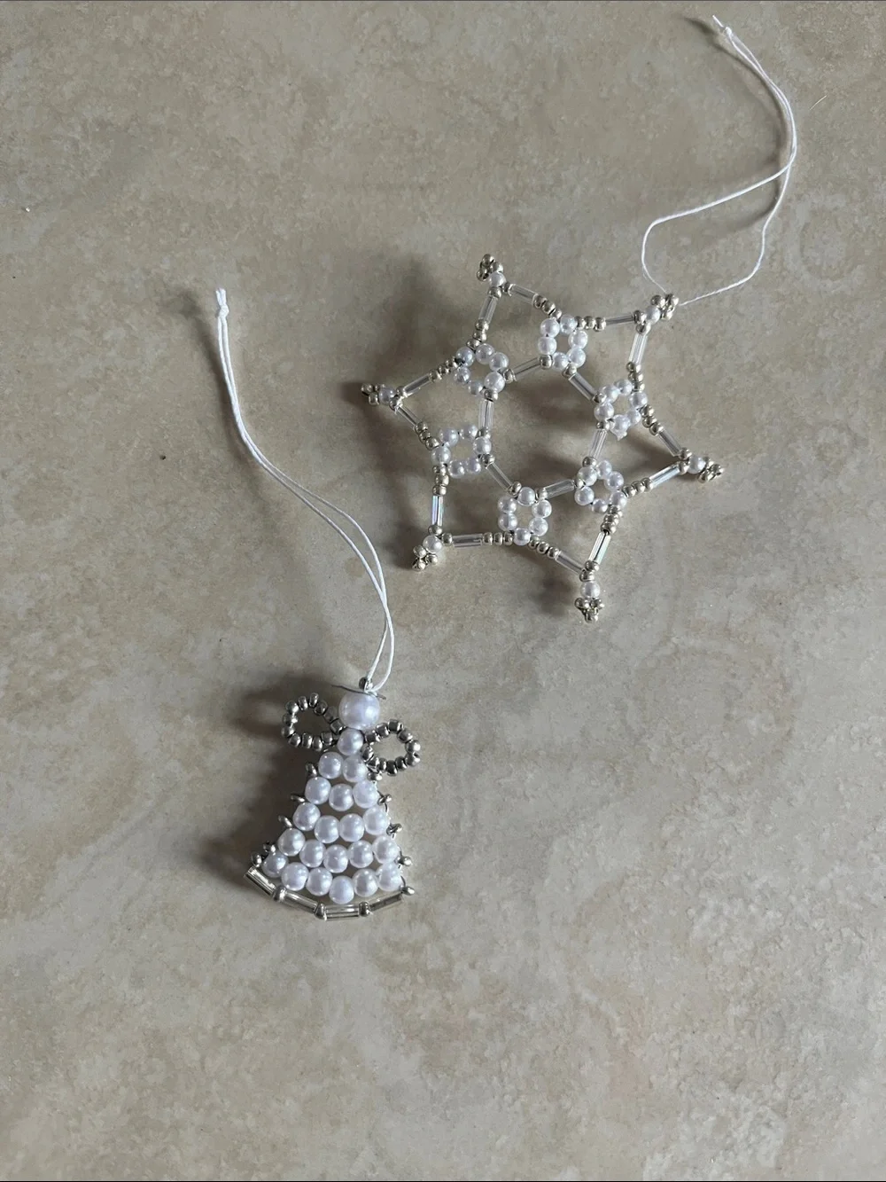 Pearl Beaded Angel & Snowflake Hanging Ornaments - White & Silver